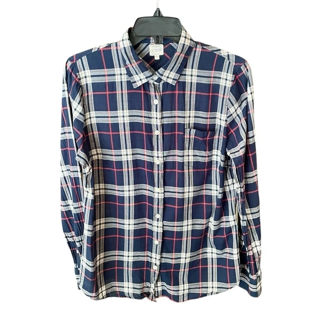 J. Crew Factory The Perfect Shirt long sleeve plaid button MED navy pink white